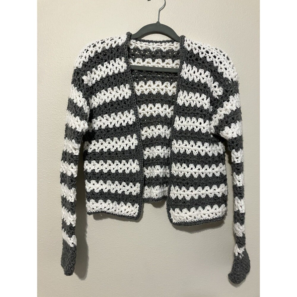 Handmade Crochet Cardigan Small Open Knit Sweater Stripes Cottage Boho